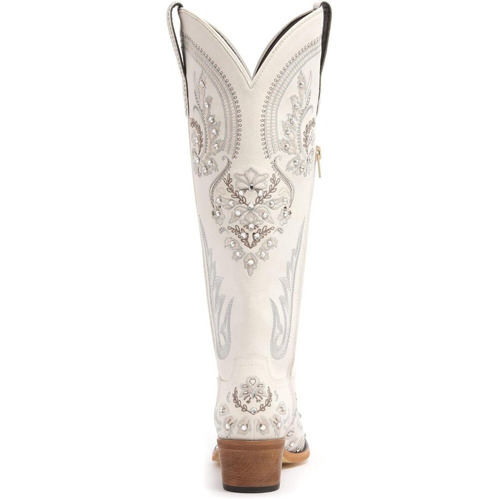 Women's Cream Leather Embroidered Rhinestones Pointed Toe Western Cowgirl Boots - Picture 5 of 7